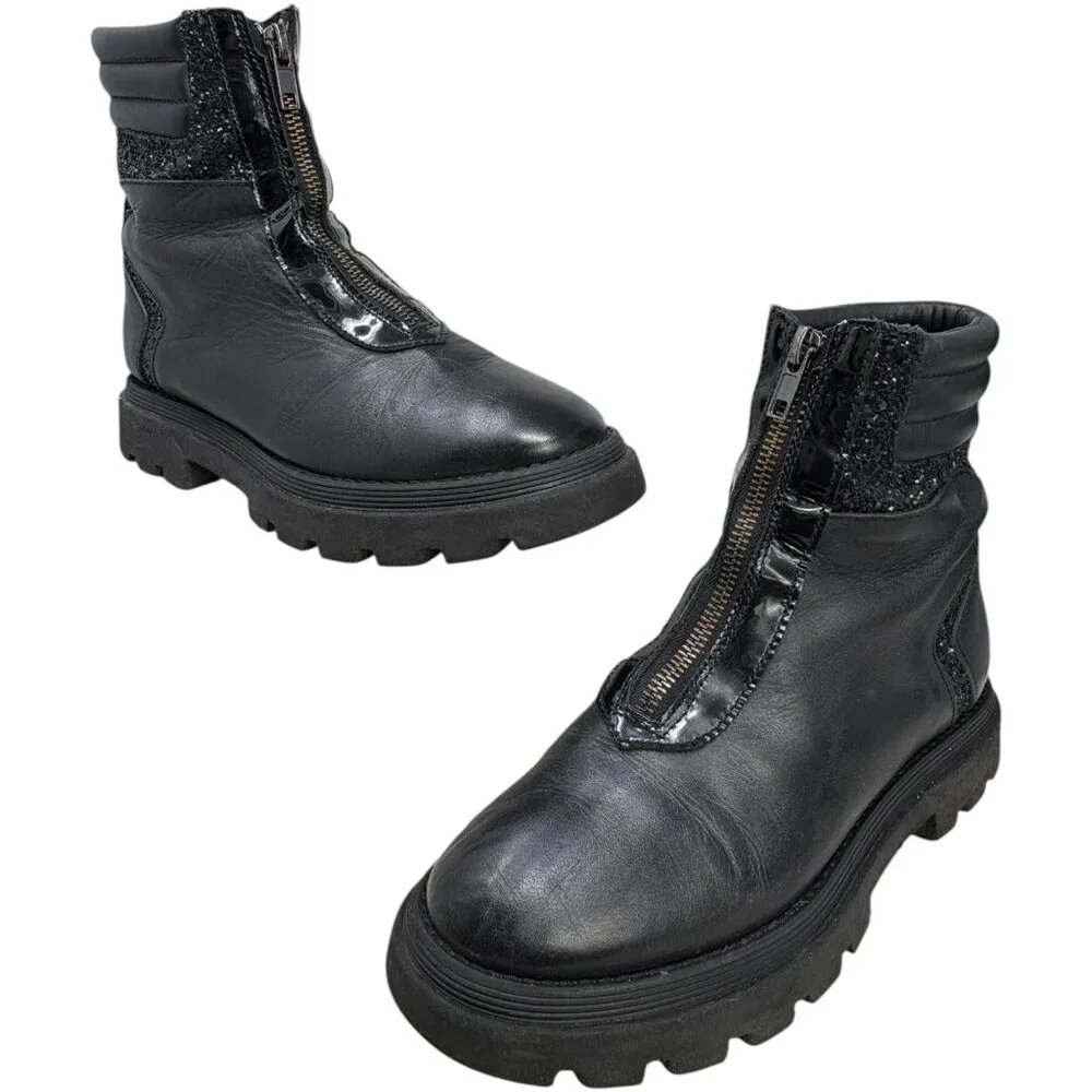 MANUELA Black‎ Leather Front Zip Big Girl Ankle Booties